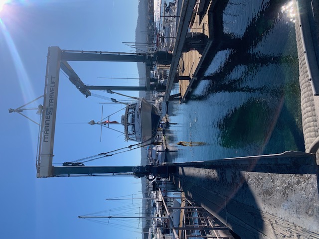 Pescador boat being lifted at Monterey Harbor marina